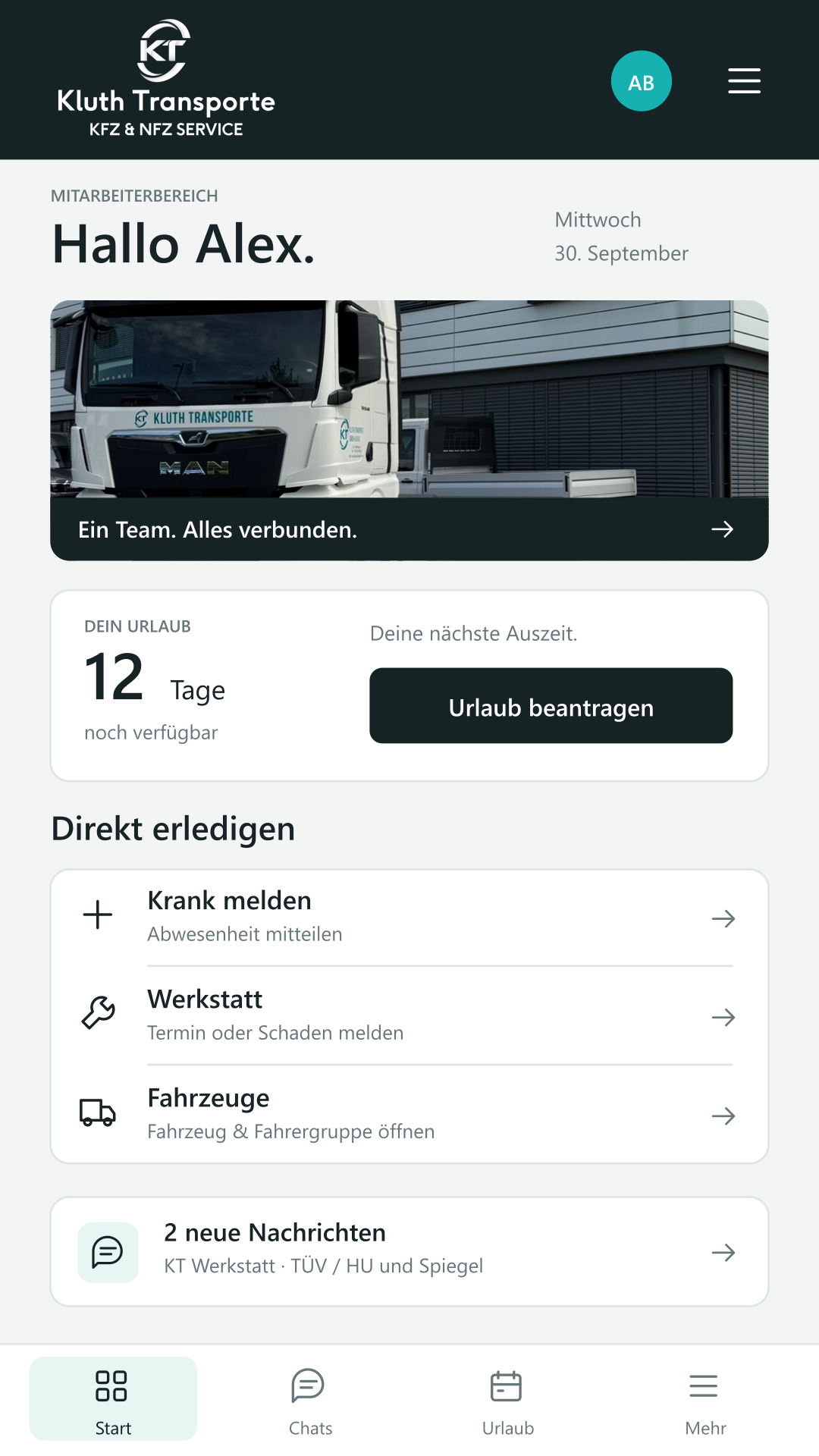 Vorschau Mitarbeiter-App: Urlaubsübersicht, Krankmeldung, Werkstatt, Fahrzeuge und Nachrichten
