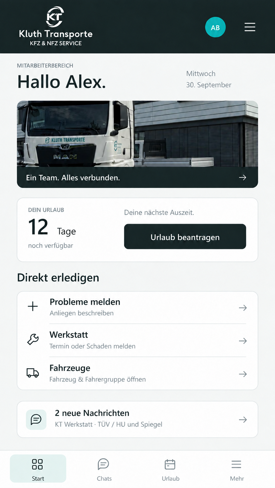 Vorschau Mitarbeiter-App: Urlaubsübersicht, Problemmeldung, Werkstatt, Fahrzeuge und Nachrichten